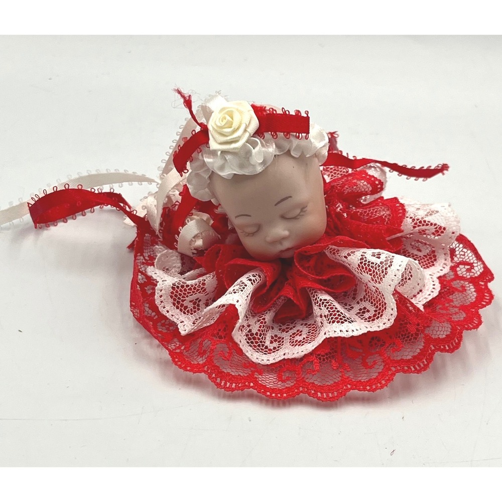 Vintage Porcelain Sleeping Baby Doll Head Red White Lace Ruffle Decor 2" Tall